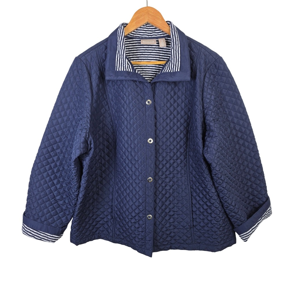 Chicos Navy Blue Quilted Snap Front Jacket Stripe Lining Size 3 Large XL